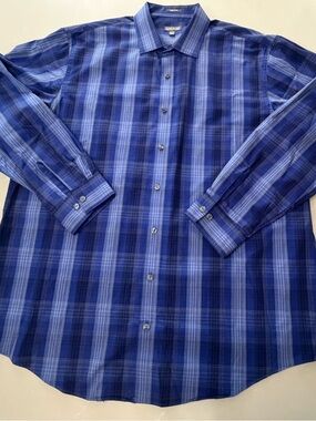 Kenneth Cole Reaction Men’s Blue Plaid Button-Up Shirt 17, 34-35